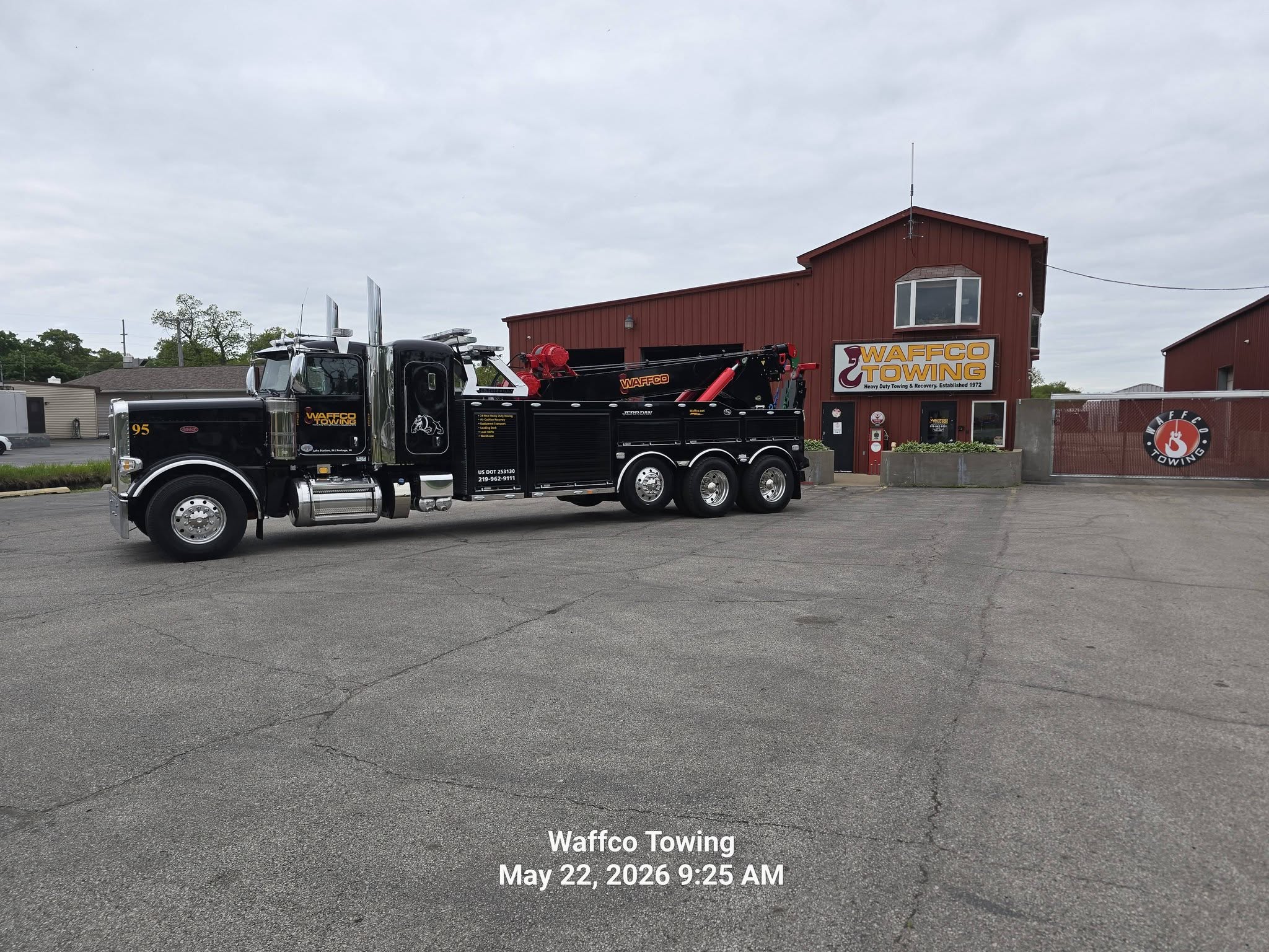 Waffco heavy wrecker parked in front of the Lake Station facility
